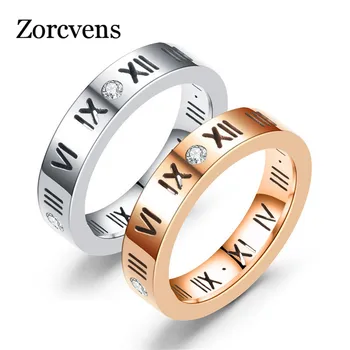 ZORCVENS זהב כסף צבע נירוסטה זרקונים קריסטל ספרות רומיות טבעת קלאסית אירוסין טבעות נישואין לנשים