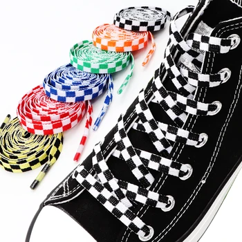 1 זוג צבעוני שרוכי הנעליים בשביל סניקרס שטוחות הקלאסי המקורי שרוך שחמט בד מזדמנים קטנים לבנים ספורט Shoeslaces