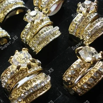 12Pcs/6Pairs חם! 2 ב 1 זירקון אבני חן טבעות זהב עבור נשים כל תכשיטים בתפזורת הרבה משלוח חינם LR036