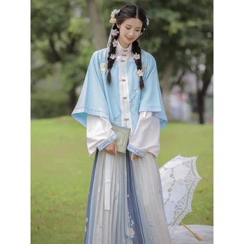 2 צבעים שושלת מינג מרובע-לחתוך צווארון Hanfu השמלה להגדיר בסגנון סיני חצי שרוול הדפס Hanfu חצאית 3PC כחול סגול נשים פיות
