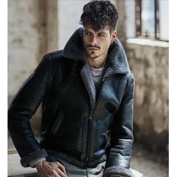 2018 אופנה חדשה גברים Shearling ג 'קט עור חום כהה B3 המעיל המקורי עף' קט הסוואה אפור