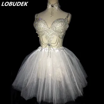 2018 חצאית לבנה זוהרת זכוכית יהלום ביקיני סטים בר תלבושות נשים די. ג ' יי במועדון לילה זמר רקדן מודרני ריקוד תלבושות הבמה.