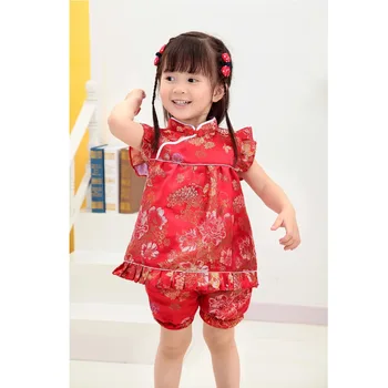 2019 חדש קיץ פרחוני צ ' יפאו ילדים התפאורה של השנה החדשה הסינית בייבי בנות שמלות מכנסיים קצרים cheongsam תלבושות