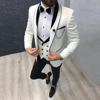 2021 האחרון לבן חליפות חתונה חליפות החתן לובש שחור לשיא דש השושבינים תלבושת איש בלייזרס 3 חתיכות תחפושת Homme