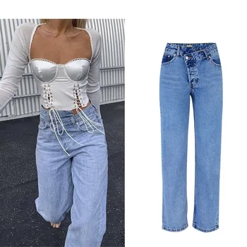 2021 חדש גבוהה המותניים לא סדיר ג 'ינס של נשים התלקח גודל גדול מזדמן אופנה רחב-רגל סקיני ג' ינס לנשים הסתיו והחורף