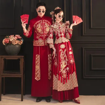 2022 הכלה אדום רקמה צ ' יפאו שמלת רטרו בסגנון סיני Cheongsam טוסט בגדים בגודל S-2XL
