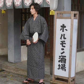 2022 קימונו לגברים סמוראי יאקאטה שחור אפור לבדוק חלוק יפני מסורתי סגנון מקרית פשוטה אופנה אופנת רחוב Homeware חליפה