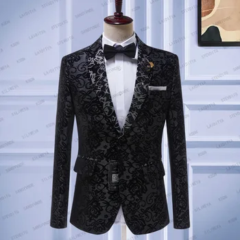 2023 אופנה חדשה Slim Fit Terno Masculino שחור ז ' קארד פרחוני לגברים חליפה לנשף חליפות חתן בלייזרס תחפושת Homme מעיל