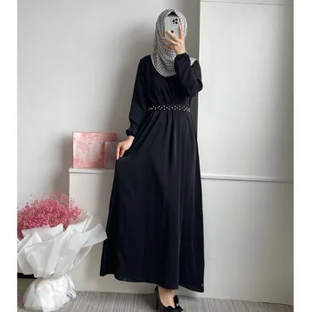 2023 אופנה חדשה המוסלמי סביב צוואר שרוול ארוך אלגנטי מוצק צבע השמלה דובאי נשים ערביות חרוזים סלים חגורת השמלה