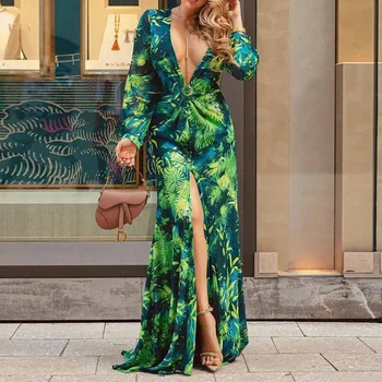 2023 אופנה נשים חדשה עם שרוולים ארוכים מודפסים ארוך, שמלה סקסית V-צוואר טמפרמנט אלגנטי גבוה המותניים פתוחים השמלה