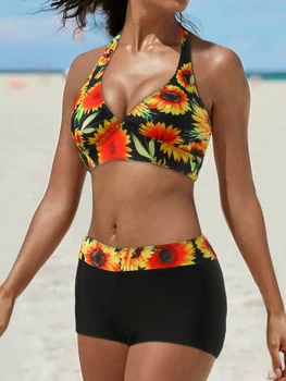 2023 הלטר ביקיני שני חלקים של בגדי ים נשים קצרה עם בגדי ים נקבה לקשור בגד ים מודפסים חוף ללבוש שחייה בקיץ