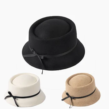 2023 חדש חורף אופנה רטרו להתחמם צמר לבן נשים פדורה הגברת הכובע חיצוני ליידי הרגשתי כובע רצועת קשת להראות להוות דלי הכובע