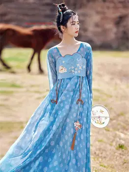 2023 סיני hanfu שמלת תלבושת של פולק מסורתי לאומי שיפון שמלה ארוכה העתיקה פרח הדפסה רקמה שמלת נסיכה