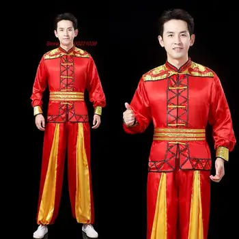 2023 סיני yangge בגדי ריקוד הדרקונים שירות ריקוד האריה להגדיר הלאומי חולצות+מכנסיים להגדיר את הביצועים של גברים תוף צוות תוף דרקון