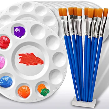 20pcs ציור ערכת 10ps עגול צבע משטח מגשי פלסטיק צבעים עם 10ps שטוח ניילון מברשות צביעה לילדים DIY אומנות הציור