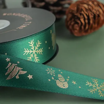25mm 50yards חג המולד סרט זהב בול עץ השלג על קשת סיכת שיער אביזר פרח קופסת מתנה עטיפה מלאכות אריזה DIY