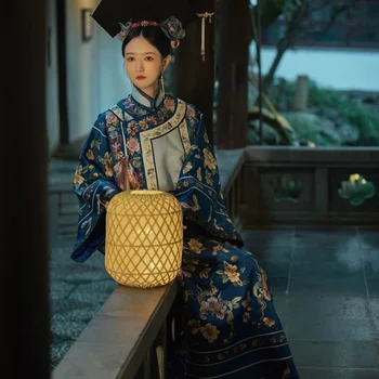 2Pc המקורי בסוף שושלת צ 'ינג הסיני הכחול Hanfu שמלת וינטג' פרח דפוס רחב שרוול שמלת נסיכה קלאסית נשים אפוד