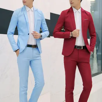 2Pcs אופנה גברים מוצק צבע דש כפתור ארוך שרוול סלים בלייזר המכנסיים שיק חדש