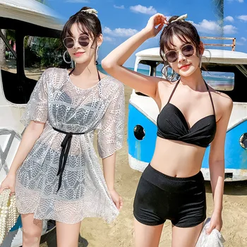 3 ב-1 של בגדי ים 2023 אישה שני חלקים סט משולש ביקיני גבוה המותניים קוריאני של נשים מוצק ביקיני לוהט אביב בגד ים