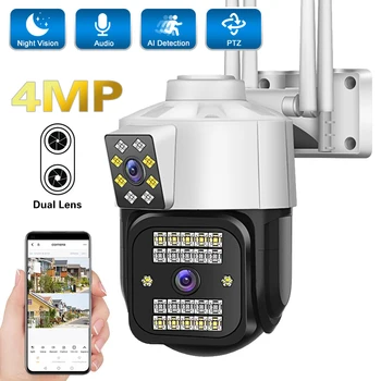 4MP מצלמת IP WiFi PTZ כפול עדשת מצלמת אבטחה ראיית לילה בצבע מעקב אוטומטי חיצוני וידאו, מעקב מצלמות טלוויזיה במעגל סגור