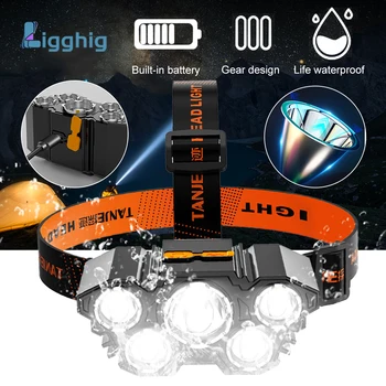 5 פנס LED נטענת USB חזק פנס חיצוני קמפינג עמיד למים דיג סופר מבריק זרקור פנס לפיד המנורה