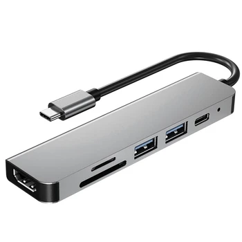 6 ב 1 USB מסוג C-Hub מתאם עם 4K 30Hz-HDMI תואם Multiport כרטיס קורא USB3.0 TF משטרת וידאו מרובת יציאות מתאם