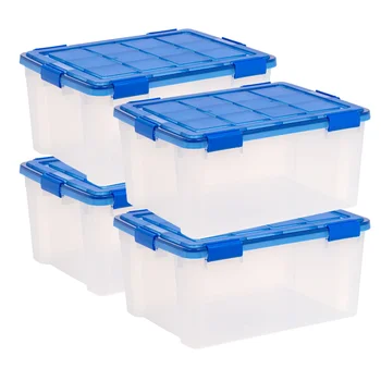 60 ליטר WeatherPro™ אטם פלסטיק שקוף תיבת אחסון עם מכסה, כחול, סט של 4