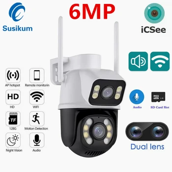 6MP עמיד למים ICSee WIFI מצלמת IP חיצונית עם כפול עדשה צבע ראיית לילה בית חכם אבטחה CCTV מצלמה אלחוטית