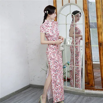 8 צבעים הסיני הלאומי ארוך Cheongsam אלסטי פרחים וינטג תלבושות נשים שמלה אלגנטית נשית צ ' יפאו סיני שמלת ערב