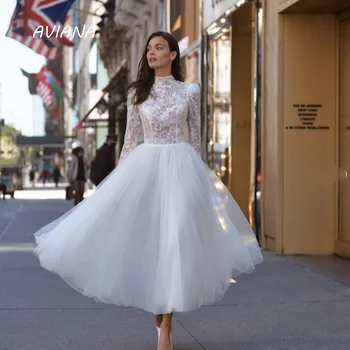 Aviana אלגנטי O-צוואר שמלות כלה 2023 אשליה ארוך שרוולים תחרה ללא משענת קו פשוט טול שמלת כלה Vestido De Noiva