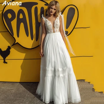 Aviana צוואר V תחרה, אפליקציות שמלת כלה רצועות ספגטי עם קשת שמלת הכלה אשליה ללא משענת Beadings קפלים שמלות כלה