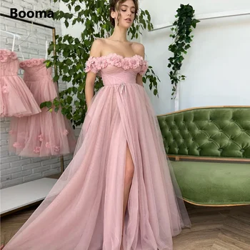 Booma טול ורודה קו שמלות נשף את הכתף בעבודת יד 3D פרחים חרך Maxi שמלות ערב לנשף שמלות ערב
