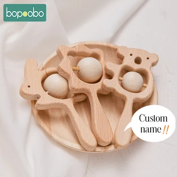 Bopoobo צעצועים לתינוקות 1PC עץ לטלטל בעלי חיים סדרה יד בל מותאם אישית לוגו עץ Teether ילדים מזהים חיה צעצועים ילד מתנה