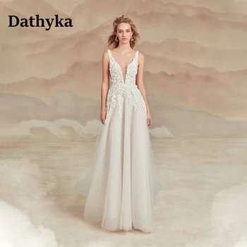 Dathyka עמוק V-צוואר שמלות חתונה עבור כלה טול אלגנטי ללא שרוולים רוכסן אפליקציות קו ללא משענת Vestido De Casamento