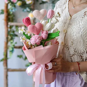 DIY-יד סרוג סיים הלב ורדים צבעוני הזר צמר לבן אלמוות פרחים ליום האהבה לחבר מתנה הביתה לקישוט לשולחן