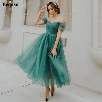 Eeqasn ירוק כהה רך טול מידי שמלות נשף את לכתף ערב הסעודית הרשמית שמלות לנשף קפלים נשים ערב צד שמלות