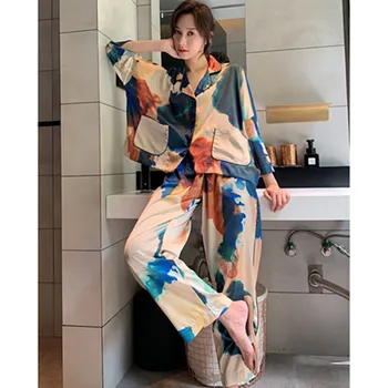 Fdfklak אביב סתיו Pijamas להגדיר עבור נשים פרחוני הדפסה Loungewear שרוול ארוך מכנסיים חדשים גברת פיג ' מה רופף Homewear