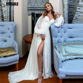 Fivsole פשוטה משי לבן רך סאטן חתונה השמלה כתף פאף שרוולים ארוכים צד שסף אלגנטי מחוך שמלת כלה בתוספת גודל