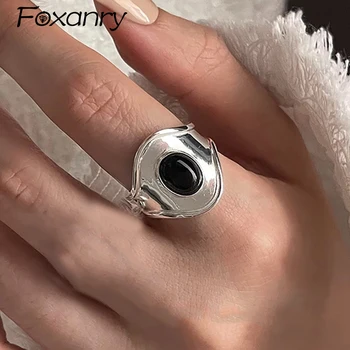 Foxanry 1 יח 'צבע כסף שחור טבעת זירקון נשים אופנה וינטג' היפ הופ גיאומטרי שאינו דוהה מסיבת יום הולדת תכשיטים מתנות