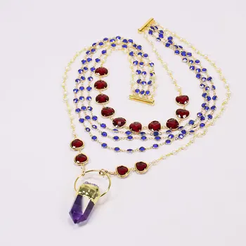 GG תכשיטים תרבותי לבן פנינה כחול אדום קריסטל שרשרת סגול אמטיסט נקודת תליון בעבודת יד ליידי אופנה מתנות