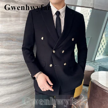 Gwenhwyfar 2021 בסגנון בריטי כפול עם חזה לגברים, חליפות עסקים מוצק צבע ג 'נטלמן חליפת חתונה לגברים שחור 2 יח' סט