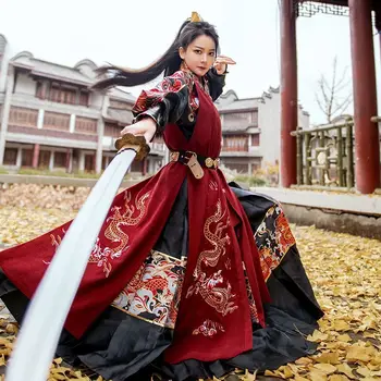 Hanfu גברים&נשים סינית עתיקה Hanfu השריון שמלת למבוגרים ארצ 'ר תחפושות קוספליי אדום שחור בז' Hanfu מגדיר עבור זוגות בתוספת גודל