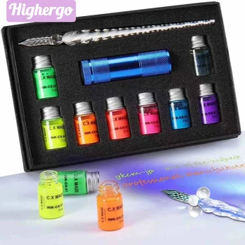 Highergo 10Pcs/תיבת בלתי נראה הקרינה דיו זכוכית עט קריסטל לטבול העט עם אור UV במשך כתיבה כתיבה ציור מתנה