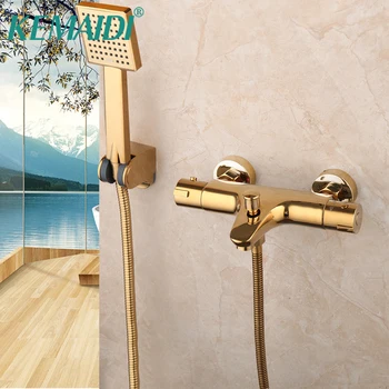 KEMAIDI זהב מצופה שירותים Thermostatic מקלחת להגדיר מערבל מקלחת אמבטיה ברז סט W/ גשמים יד מקלחת שנערך על הקיר