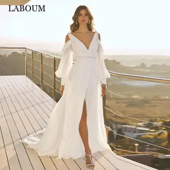 LaBoum סקסי V צוואר שמלות כלה לנשים 2023 הכלה המודרנית שרוולים ארוכים שמלות כלה Vestido De Casamento עם רכבת לטאטא