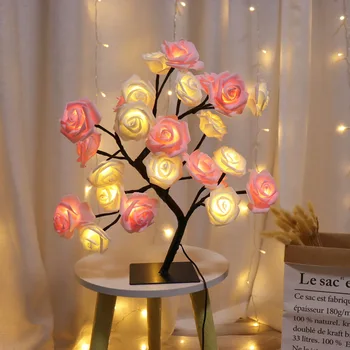 LED מנורת שולחן פרח רוז עץ USB השינה מנורת לילה השינה של הילדים, קישוט מתנות רוז מנורת שולחן חג מולד קישוט