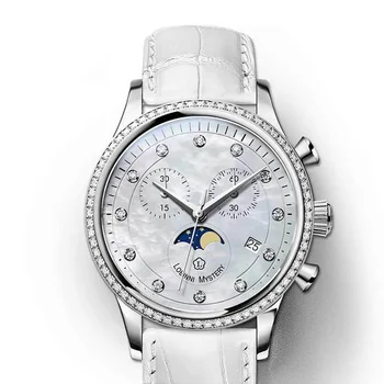 LOBINNI נשים קוורץ שעון יוקרה גבירותיי שעון הכרונוגרף ספיר המראה תאריך אוסטריה קריסטל פרל חיוג רצועת עור