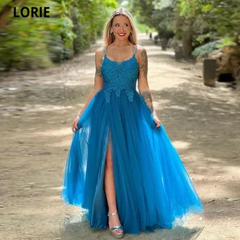LORIE כחול טול הרגל שסף שמלות לנשף קריס-קרוס מחשוף גב א-קו מסיבת חתונה שמלות רשמית אפליקציות תחרה שמלות ערב