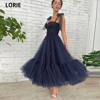 Lorie כחול כהה מידי שמלות לנשף 2021 קשת רצועות כיסים תה באורך מסיבת חתונה שמלות טול קפלים קו-פורמאלית שמלות