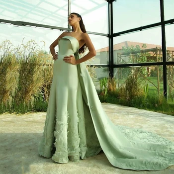 Msikoods בתולת ים סאטן שמלות לנשף עם הגלימה 3D פרח חריץ Ruched שמלת ערב מסיבת חתונה שמלת Vestidos דה נוצ ' ה.